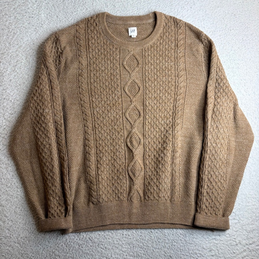 Gap Mens XXXL Brown Cable Knit Crewneck Sweater Cotton Blend Tan Marl 3XL